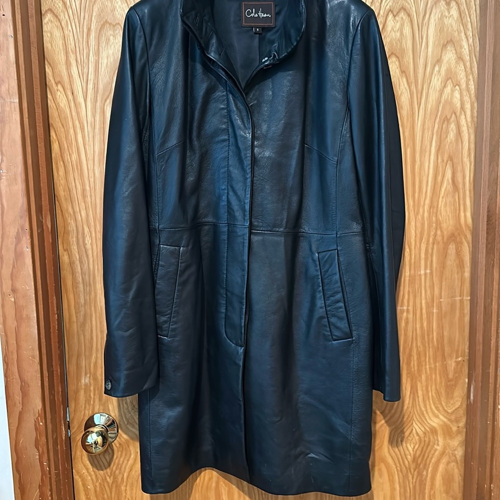 Cole Haan long black leather jacket  / coat